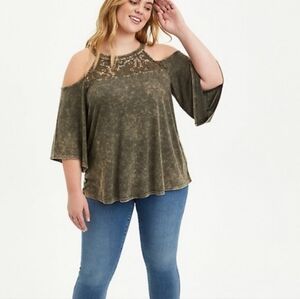 torrid Olive Cold-Shoulder Lace Yoke Top 3x